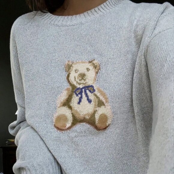 Gray Casual Women's Cute Cartoon Bear Round Neck Long Sleeve Knitted Sweater - Picture 7 of 7